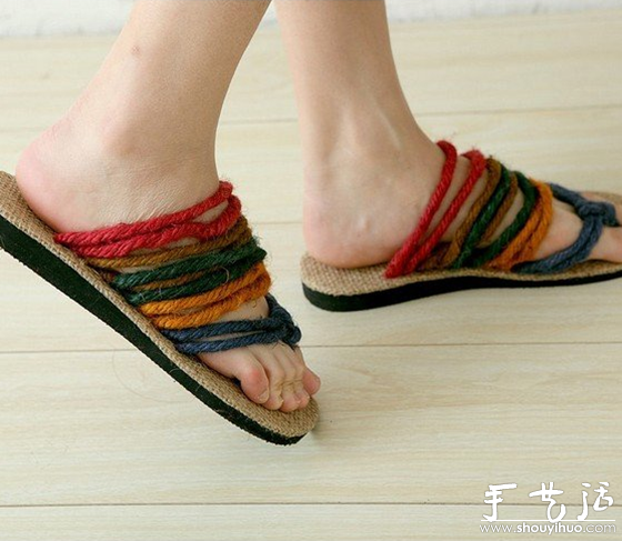 麻繩和布鞋底DIY的彩虹拖鞋 -  itrip.net.cn