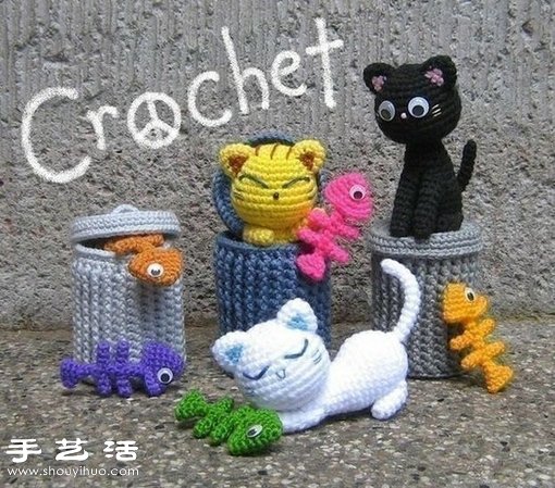 毛線鉤針垃圾桶邊揀魚骨頭吃的可愛貓咪 -  itrip.net.cn