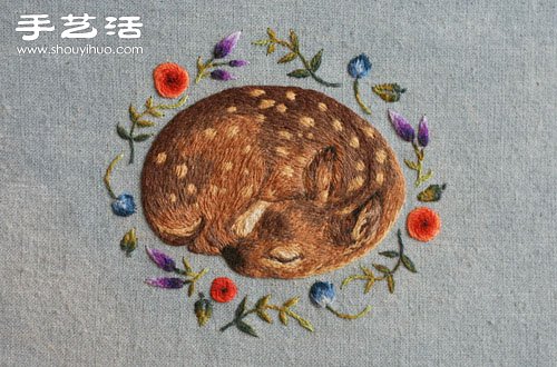 手工刺繡安睡沉睡的梅花鹿圖案圖解教程 -  itrip.net.cn