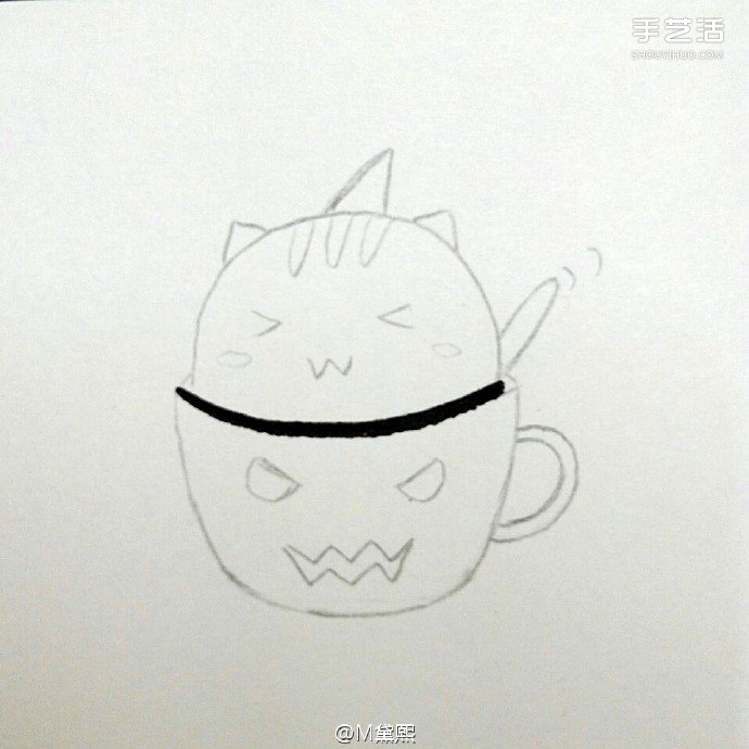 偷喝苦咖啡的卡通小貓咪簡(jiǎn)筆畫的畫法圖片教程 -  itrip.net.cn
