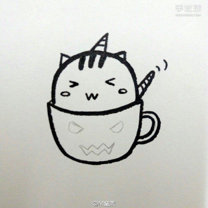 偷喝苦咖啡的卡通小貓咪簡(jiǎn)筆畫的畫法圖片教程 -  itrip.net.cn