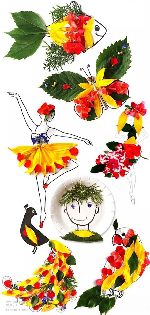 樹葉和花瓣貼畫制作圖片 鮮花葉子拼貼畫DIY -  itrip.net.cn