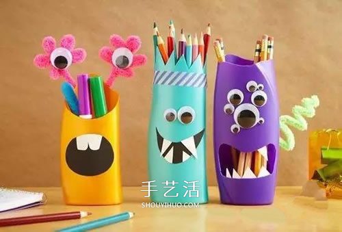 洗發(fā)水瓶廢物利用做筆筒 沐浴液瓶DIY卡通筆筒 -  itrip.net.cn