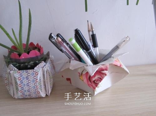 廢紙折花型筆筒的折法 還可以當(dāng)垃圾盒使用 -  itrip.net.cn