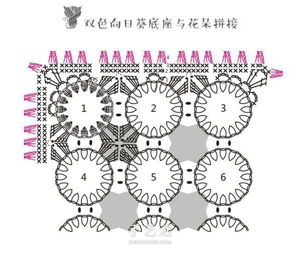 方形帶流蘇坐墊的鉤法圖解 雙色向日葵圖案~ -  itrip.net.cn