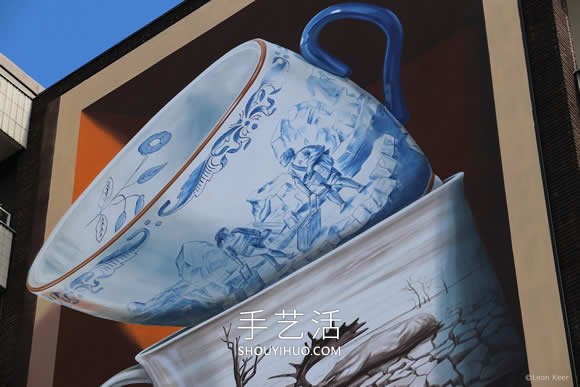搖搖欲墜的茶杯，寓意生活的創(chuàng)意3D壁畫 -  itrip.net.cn